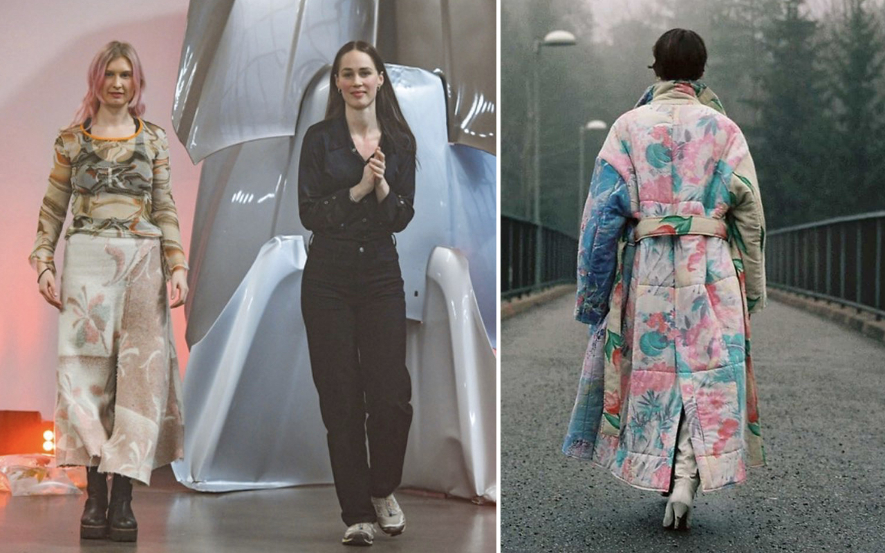 Två kvinnor på en scen. En kvinna går på en bro med en färgglad kappa med blommor på. Duon är nominerad till LVMH-priset. Samverkan med Science Park Borås..