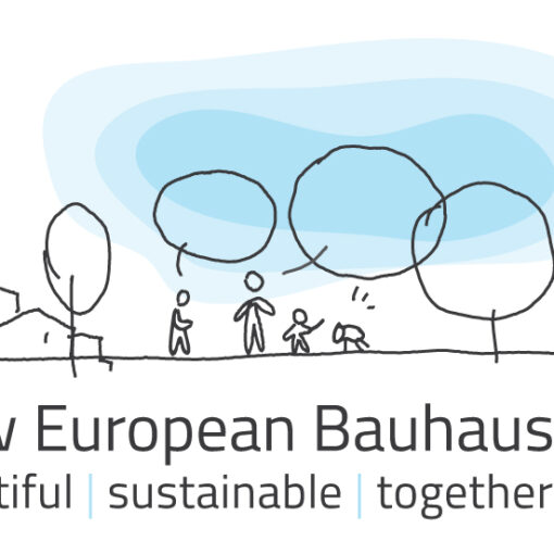 Logotype för New European Bauhaus med illustrerad stadskärna, natur och människor. Innehåller orden beautiful, sutainable och together samt EU-flaggan.