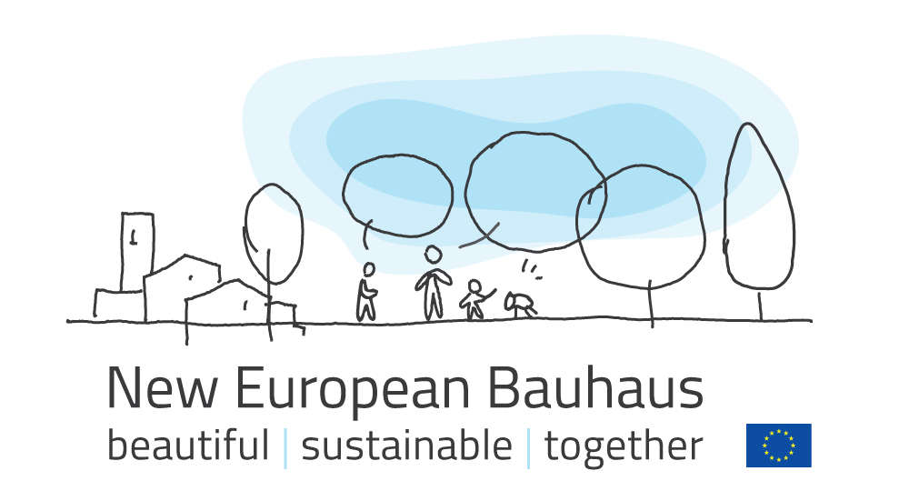 Logotype för New European Bauhaus med illustrerad stadskärna, natur och människor. Innehåller orden beautiful, sutainable och together samt EU-flaggan.