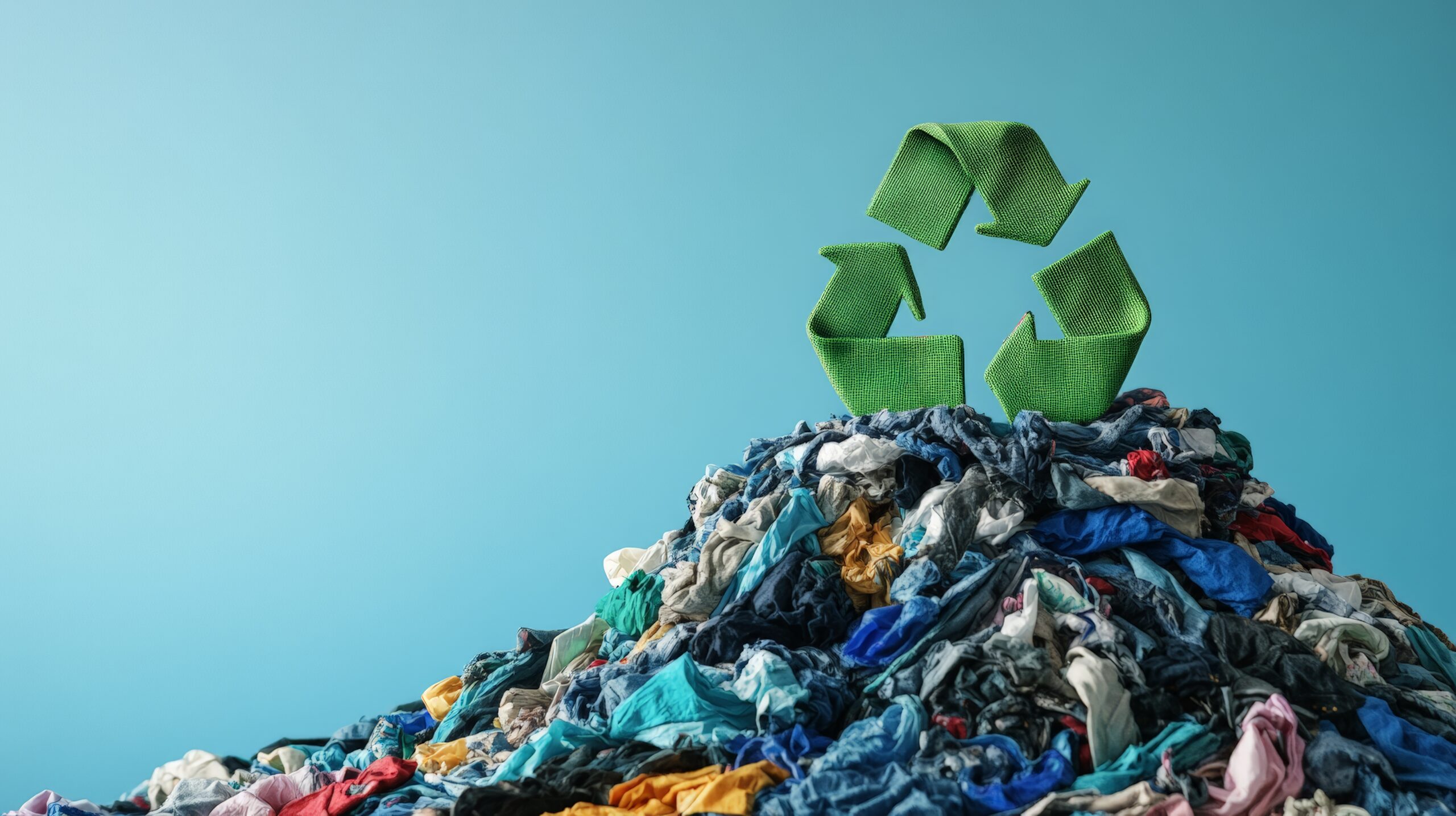 Clothing waste pile with recycling symbol highlighting textile sustainability